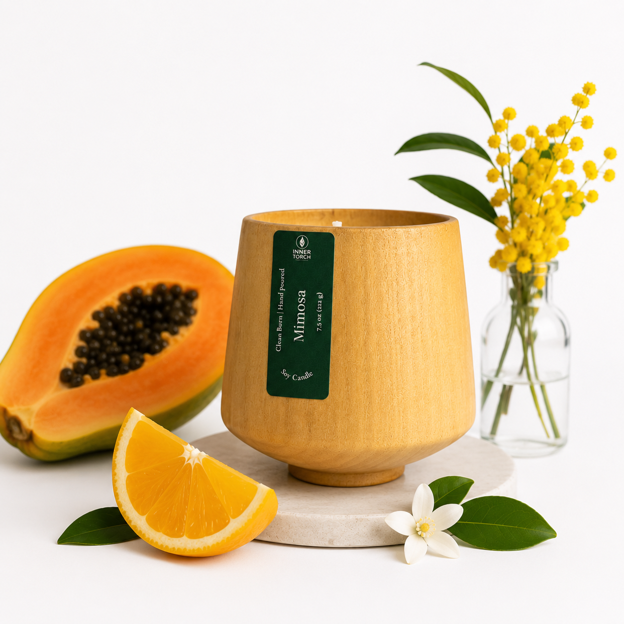 This tropical blend of citrus, mango, and papaya is enhanced with fresh green notes. soy wax scented candle
