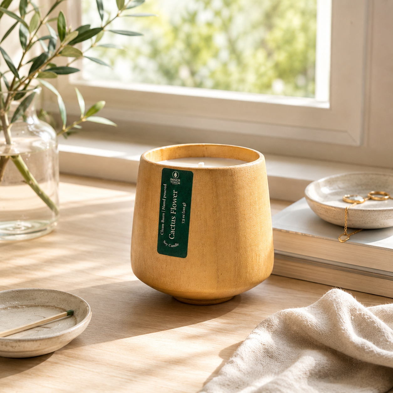 Cactus Flower Candle Bamboo Jar