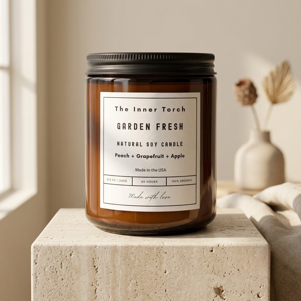 An amber glass jar candle with a black lid and a white label reading 'The Inner Torch GARDEN FRESH Natural Soy Candle' sits on a light stone pedestal in a softly lit interior. A blurred vase with dried stems appears in the background.