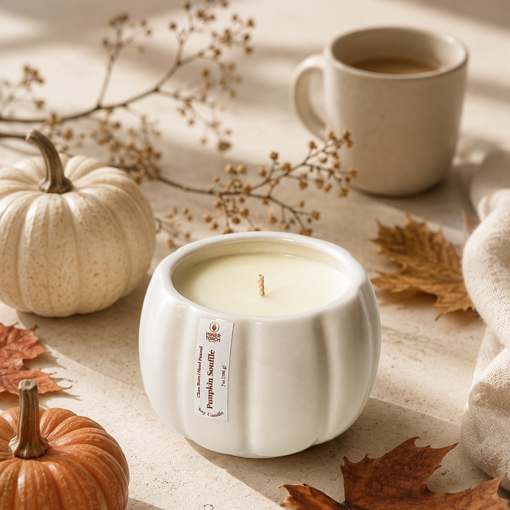 A white ribbed ceramic candle jar with cream wax sits on a beige surface surrounded by autumn props, including a small orange pumpkin, a larger white pumpkin, dried leaves, and a beige mug in soft warm light.