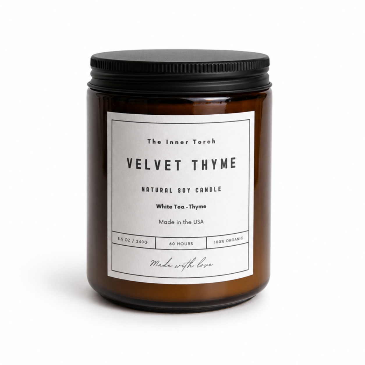 Velvet Thyme candle with a black lid on a white background
